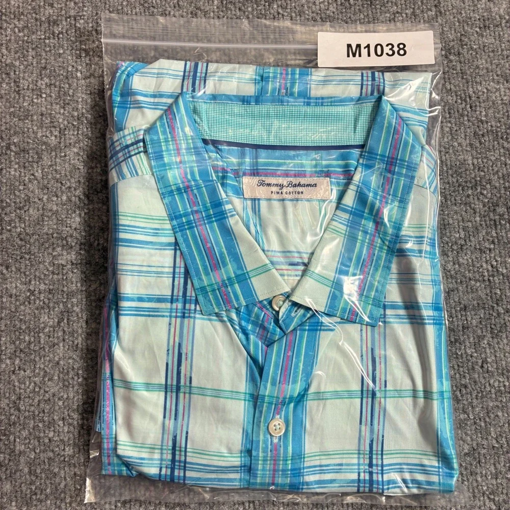 Tommy‎ Bahama Plaid Button Down Mens XXL Turquoise Pima Cotton Excellent Marlin